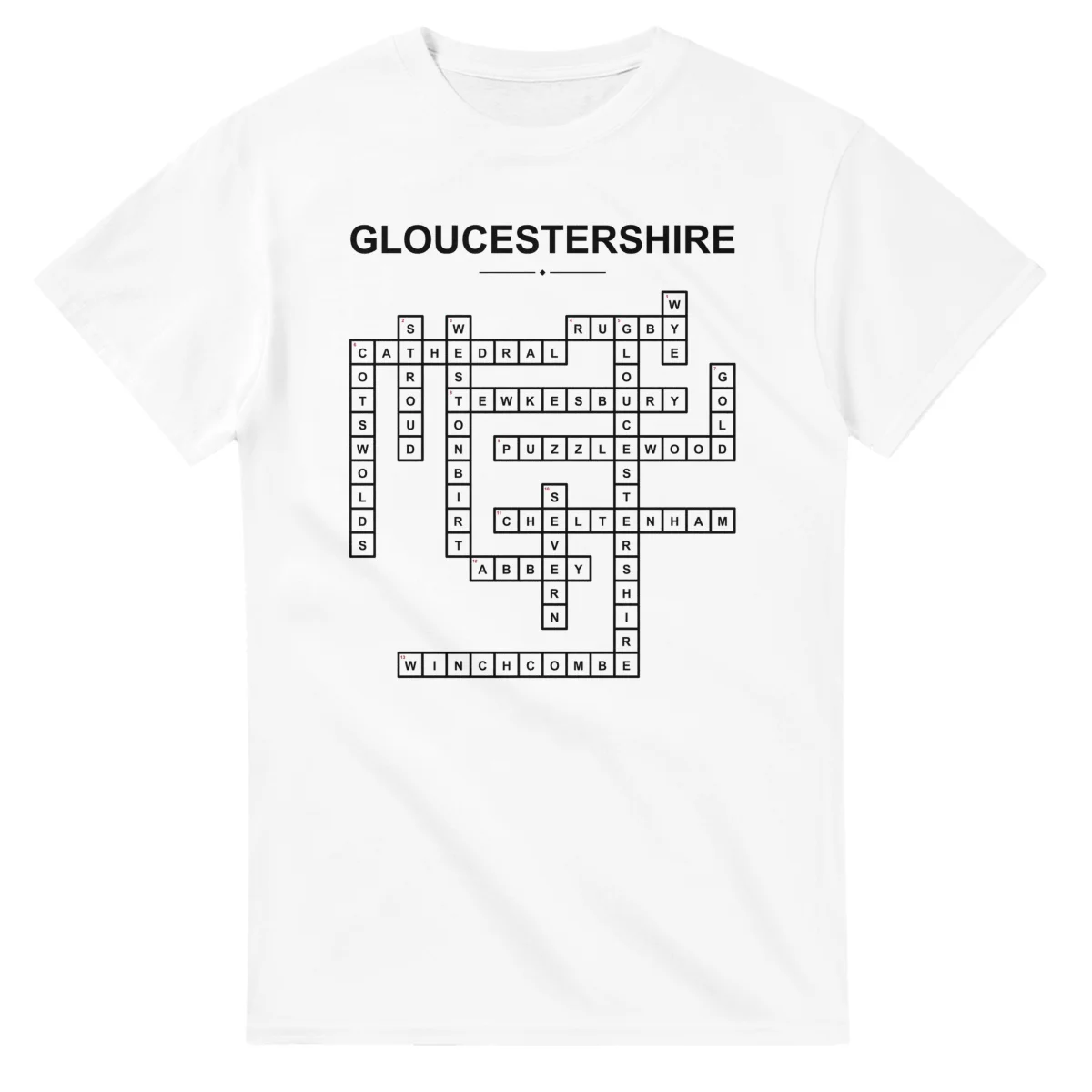 Monochrome crossword sheet for Gloucestershire, with a large place-name heading, a letter grid, and numbered across and down clues.