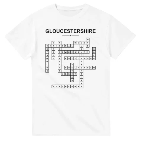 Monochrome crossword sheet for Gloucestershire, with a large place-name heading, a letter grid, and numbered across and down clues.