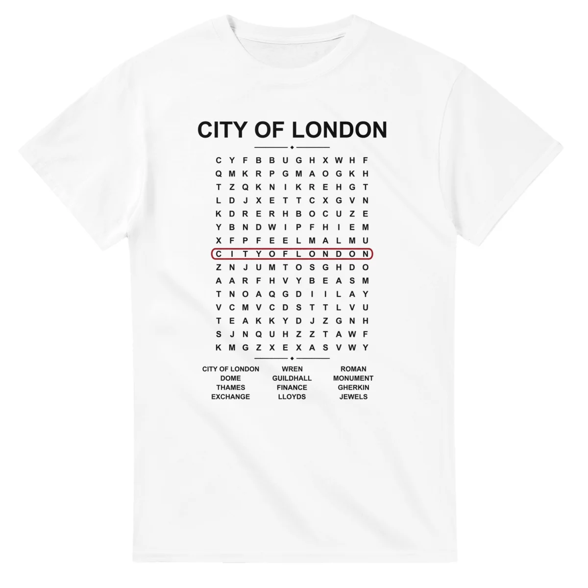 Word-search sheet for City of London, with a large place-name heading, a letter grid, a local answer list, and a red highlighted example word.