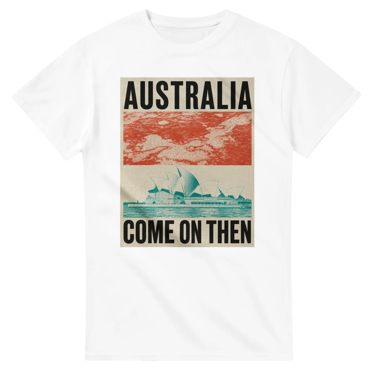 Two-colour scenic illustration for Australia, with the place name and COME ON THEN lettering.