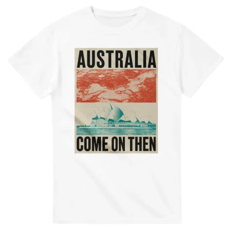 Two-colour scenic illustration for Australia, with the place name and COME ON THEN lettering.