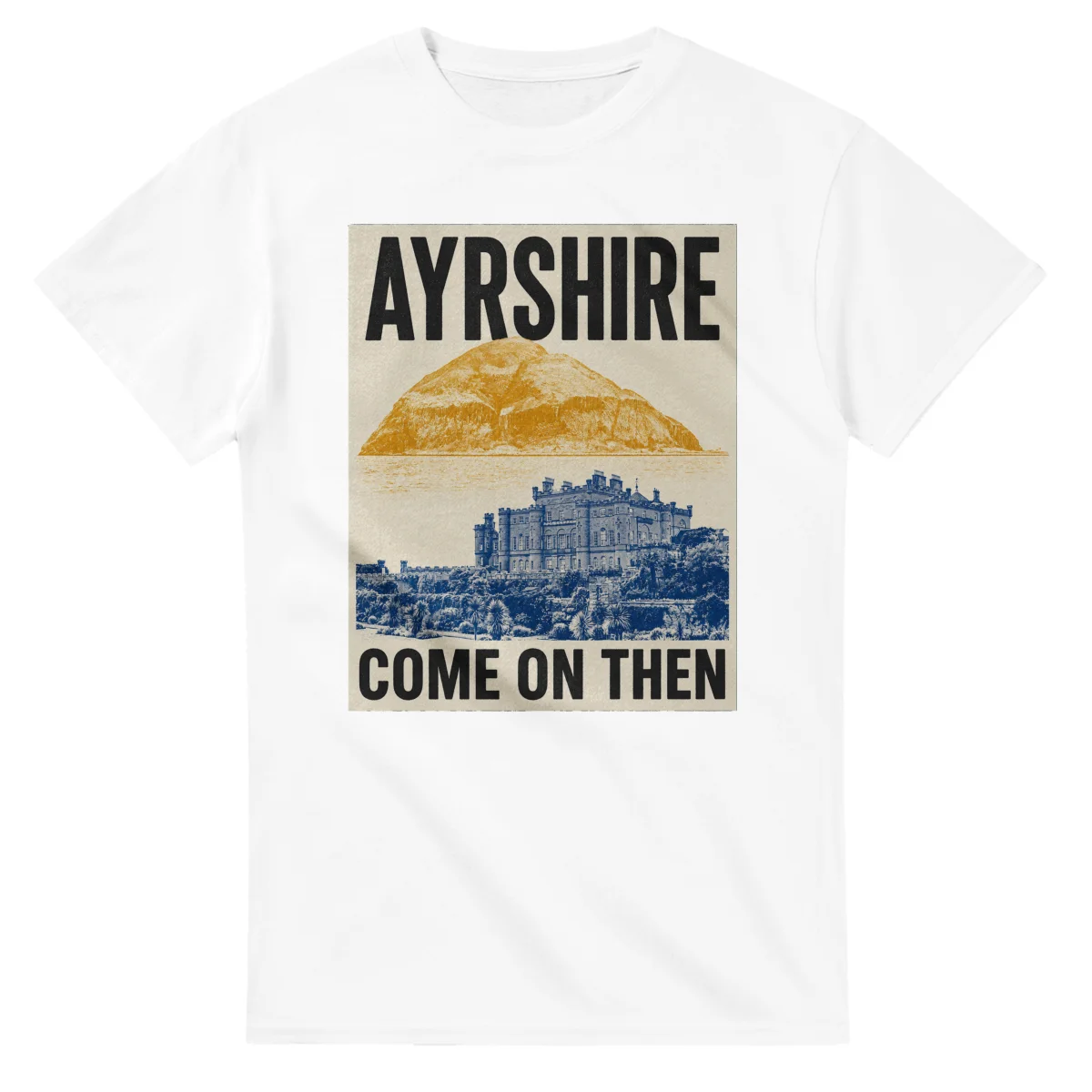 Two-colour scenic illustration for Ayrshire, with the place name and COME ON THEN lettering.