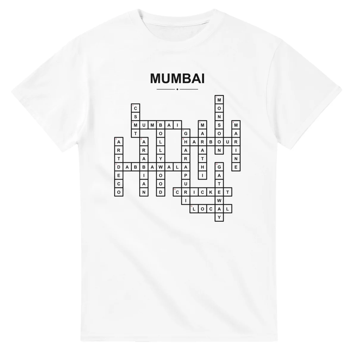 Monochrome crossword sheet for Mumbai, with a large place-name heading, a letter grid, and numbered across and down clues.