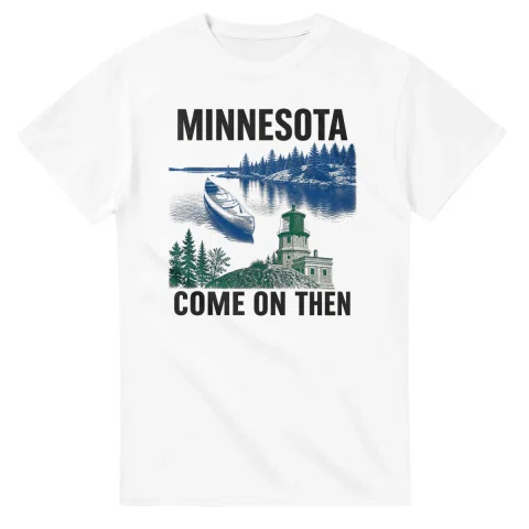 Two-colour scenic illustration for Minnesota, with the place name and COME ON THEN lettering.