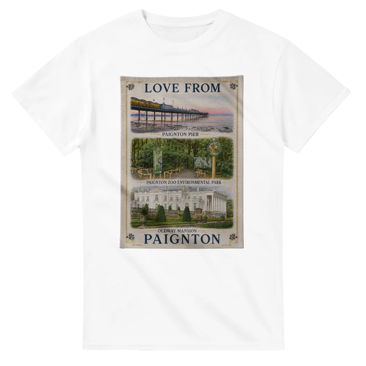 Framed scenic design for Paignton, with several local views, a decorative border and LOVE FROM lettering.