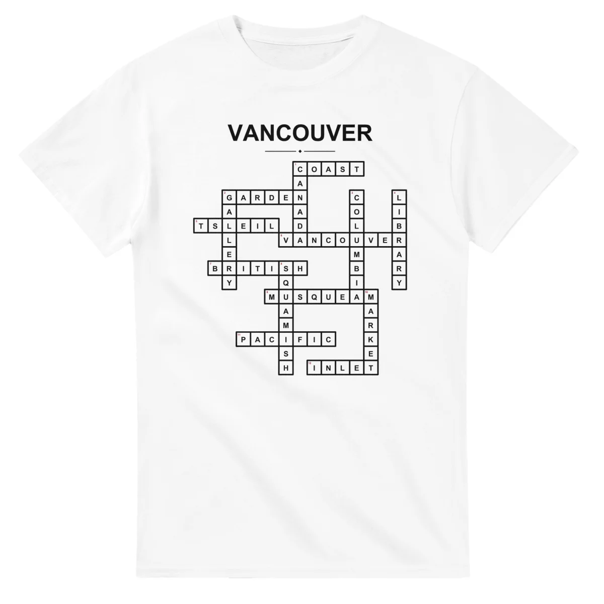 Monochrome crossword sheet for Vancouver, with a large place-name heading, a letter grid, and numbered across and down clues.