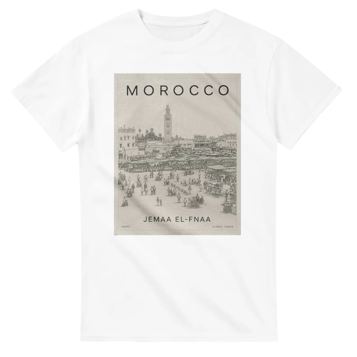 Fine-line engraving-style drawing for Morocco, with a landmark caption and small coordinate text.