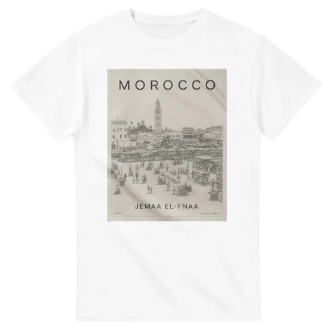 Fine-line engraving-style drawing for Morocco, with a landmark caption and small coordinate text.