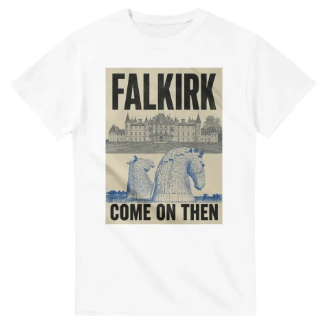 Two-colour scenic illustration for Falkirk, with the place name and COME ON THEN lettering.