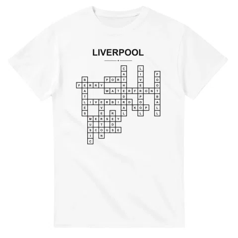 Monochrome crossword sheet for Liverpool, with a large place-name heading, a letter grid, and numbered across and down clues.