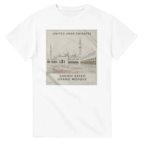 Fine-line engraving-style drawing for United Arab Emirates, with a landmark caption and small coordinate text.