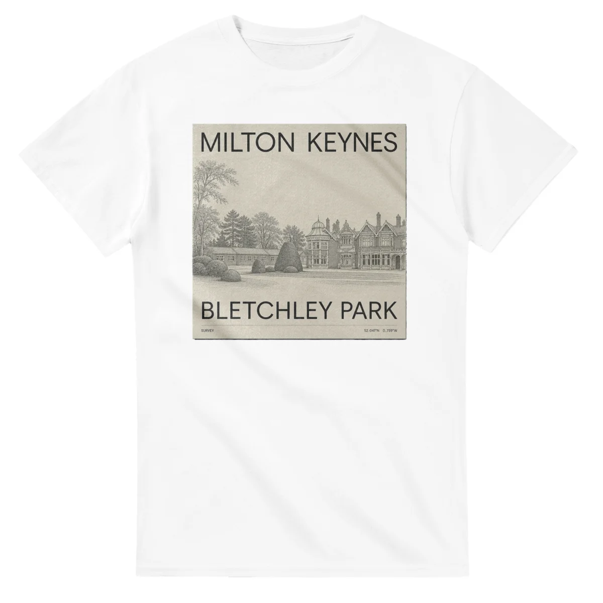 Fine-line engraving-style drawing for Milton Keynes, with a landmark caption and small coordinate text.