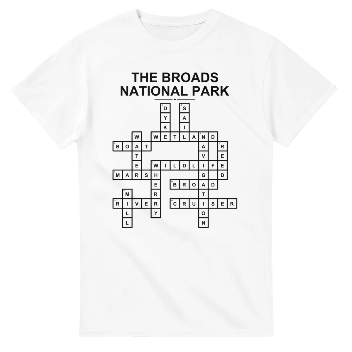 Monochrome crossword sheet for The Broads National Park, with a large place-name heading, a letter grid, and numbered across and down clues.