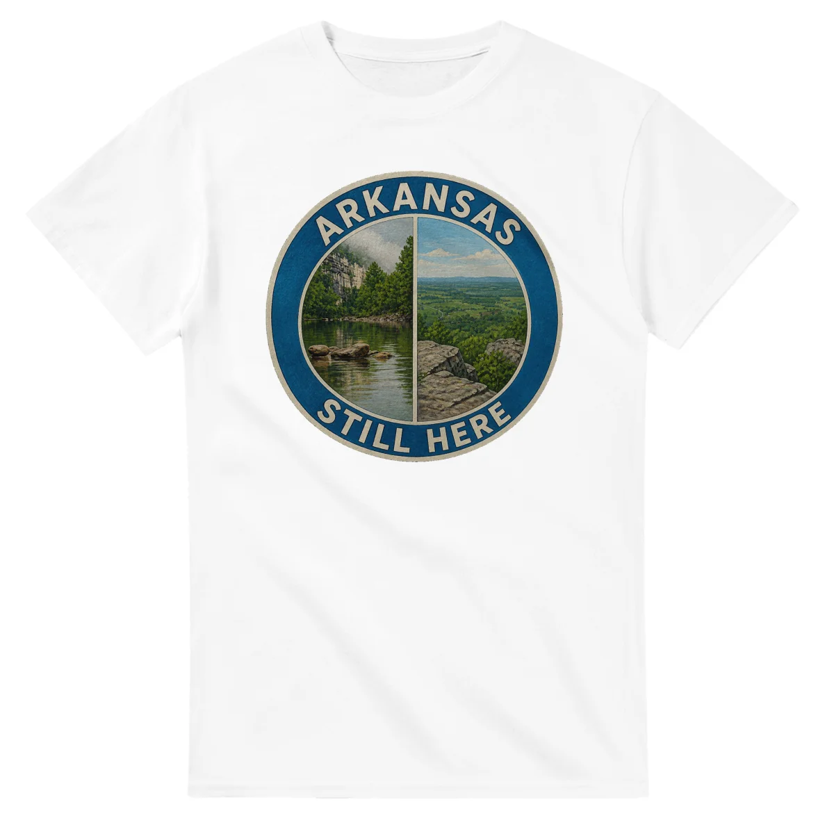 Painted, panelled scenic illustration for Arkansas, with paired local scenes and the place name in lettering.