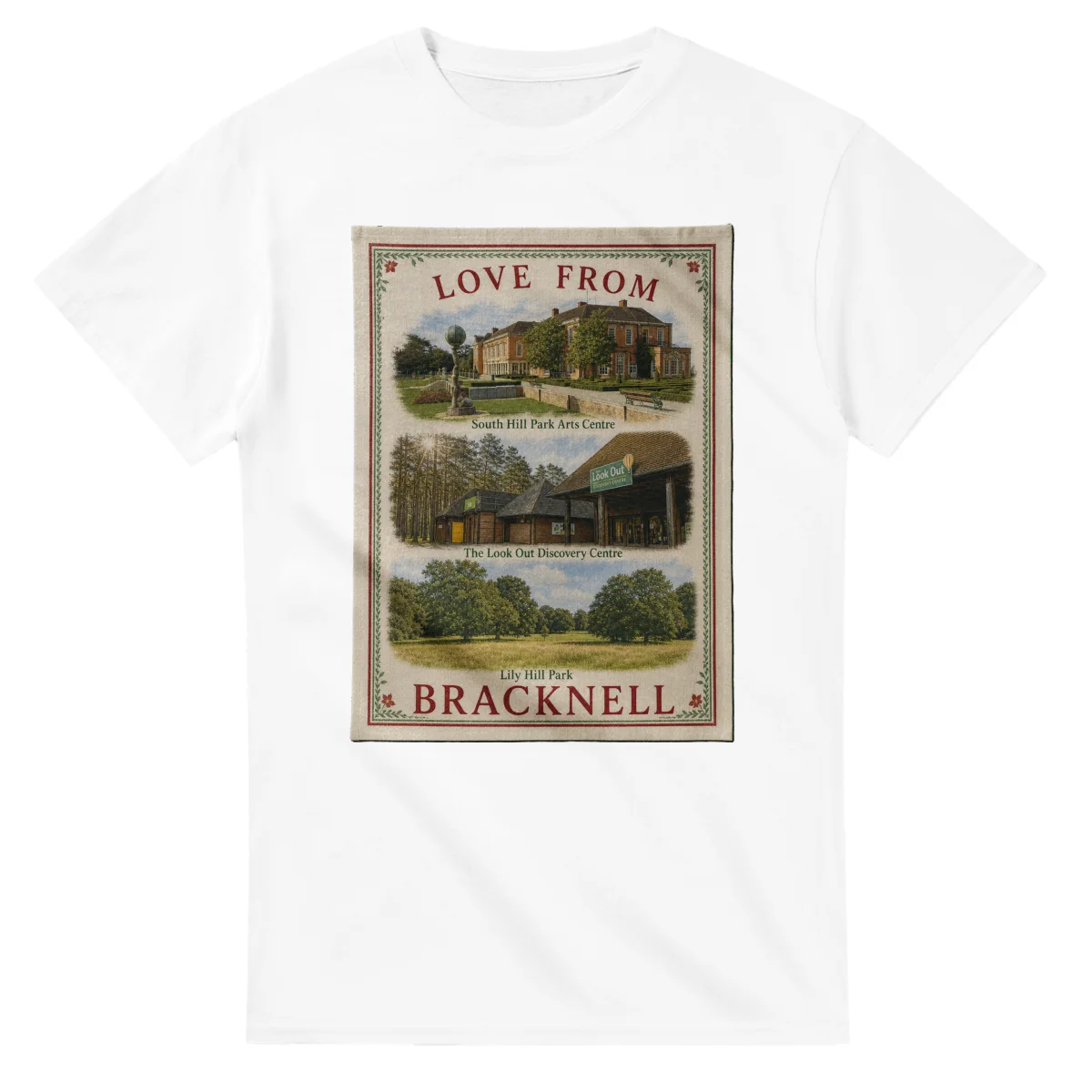 Framed scenic design for Bracknell, with several local views, a decorative border and LOVE FROM lettering.