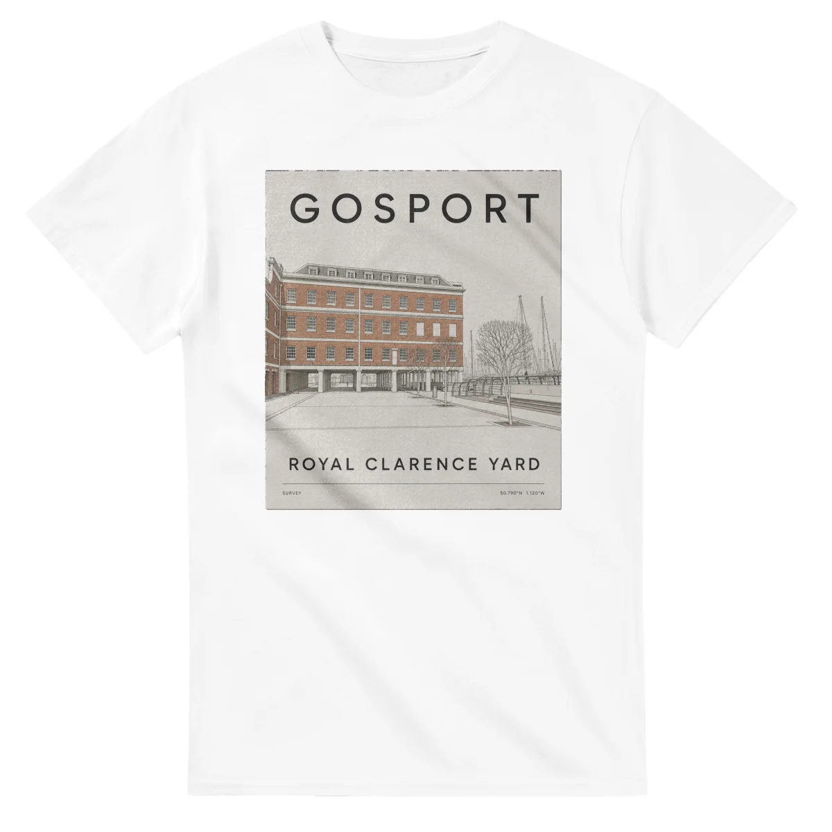 Fine-line engraving-style drawing for Gosport, with a landmark caption and small coordinate text.