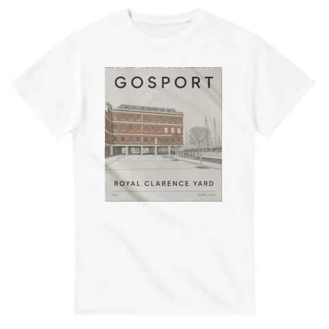 Fine-line engraving-style drawing for Gosport, with a landmark caption and small coordinate text.