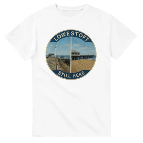Painted, panelled scenic illustration for Lowestoft, with paired local scenes and the place name in lettering.