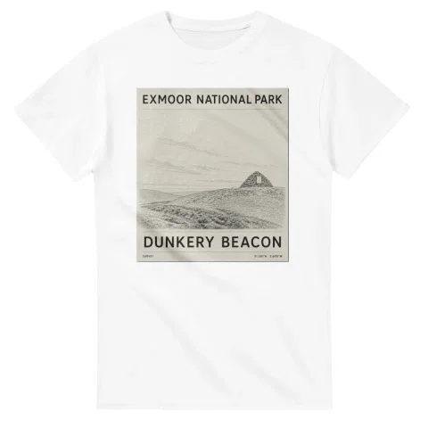Fine-line engraving-style drawing for Exmoor National Park, with a landmark caption and small coordinate text.