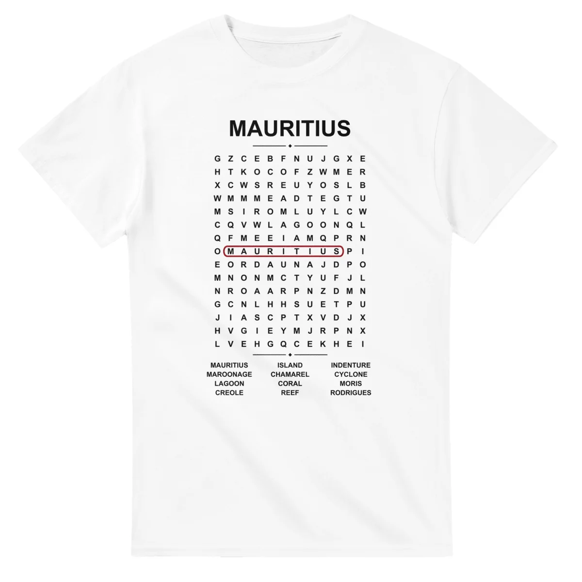 Word-search sheet for Mauritius, with a large place-name heading, a letter grid, a local answer list, and a red highlighted example word.