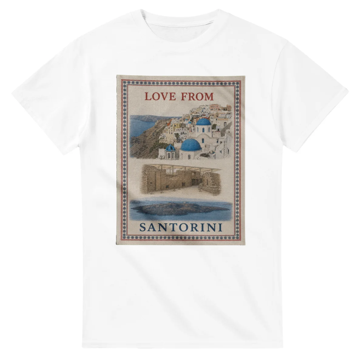 Framed scenic design for Santorini, with several local views, a decorative border and LOVE FROM lettering.