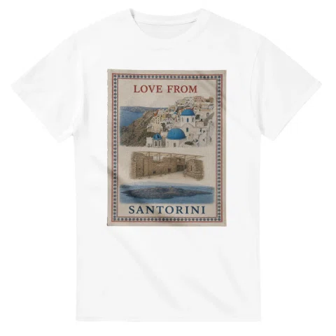 Framed scenic design for Santorini, with several local views, a decorative border and LOVE FROM lettering.