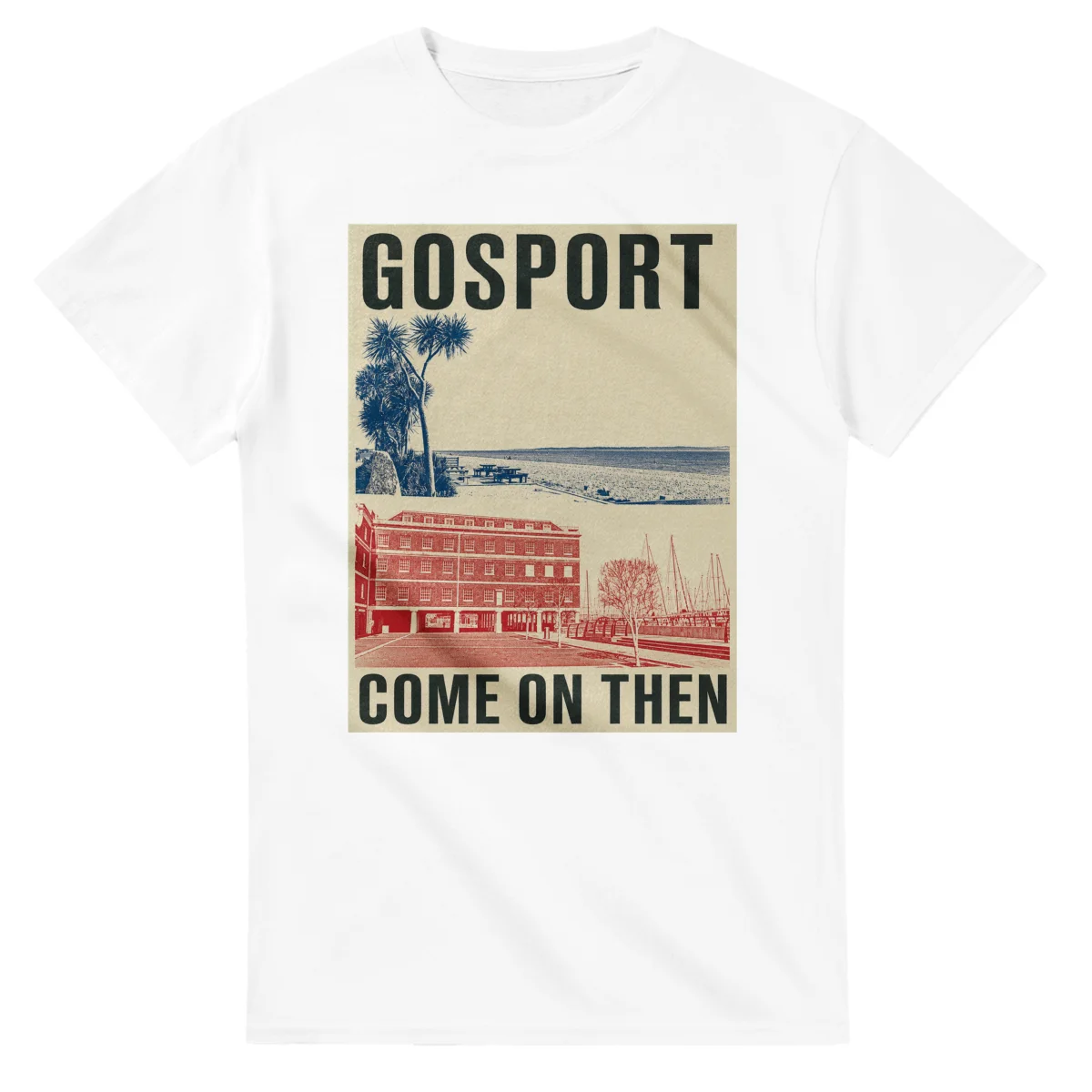 Two-colour scenic illustration for Gosport, with the place name and COME ON THEN lettering.