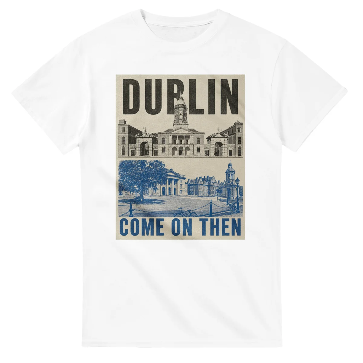 Two-colour scenic illustration for Dublin, with the place name and COME ON THEN lettering.