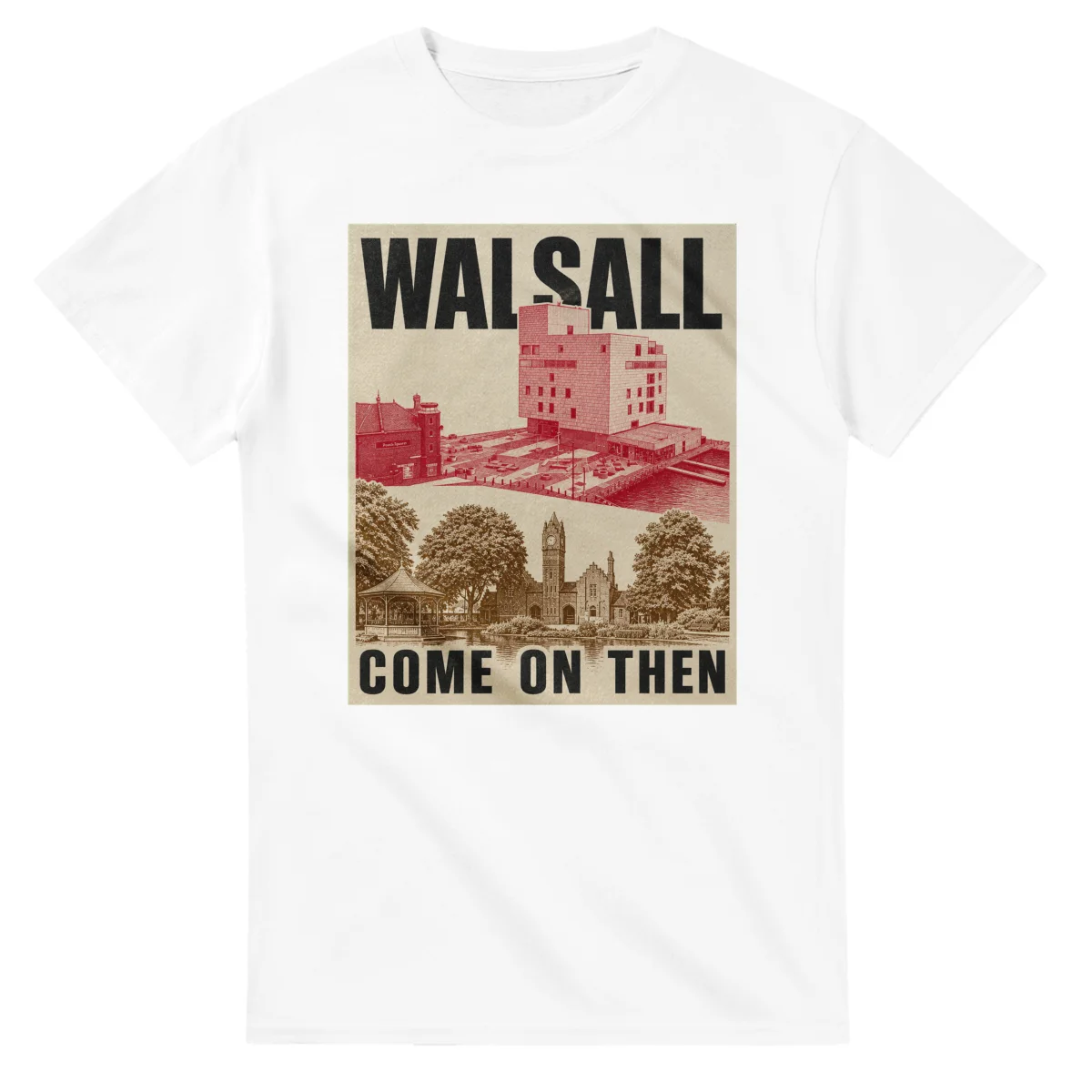 Two-colour scenic illustration for Walsall, with the place name and COME ON THEN lettering.