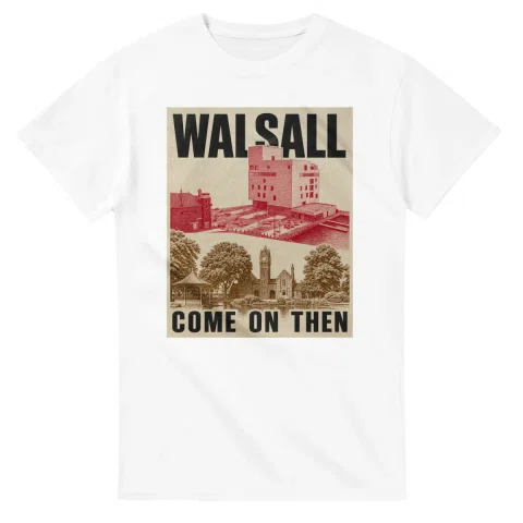 Two-colour scenic illustration for Walsall, with the place name and COME ON THEN lettering.