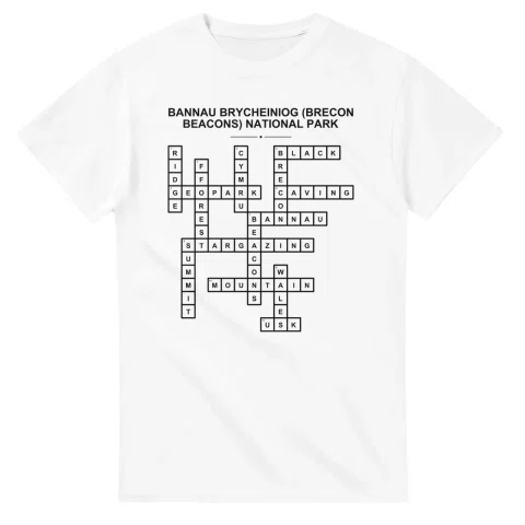 Monochrome crossword sheet for Bannau Brycheiniog (Brecon Beacons) National Park, with a large place-name heading, a letter grid, and numbered across and down clues.