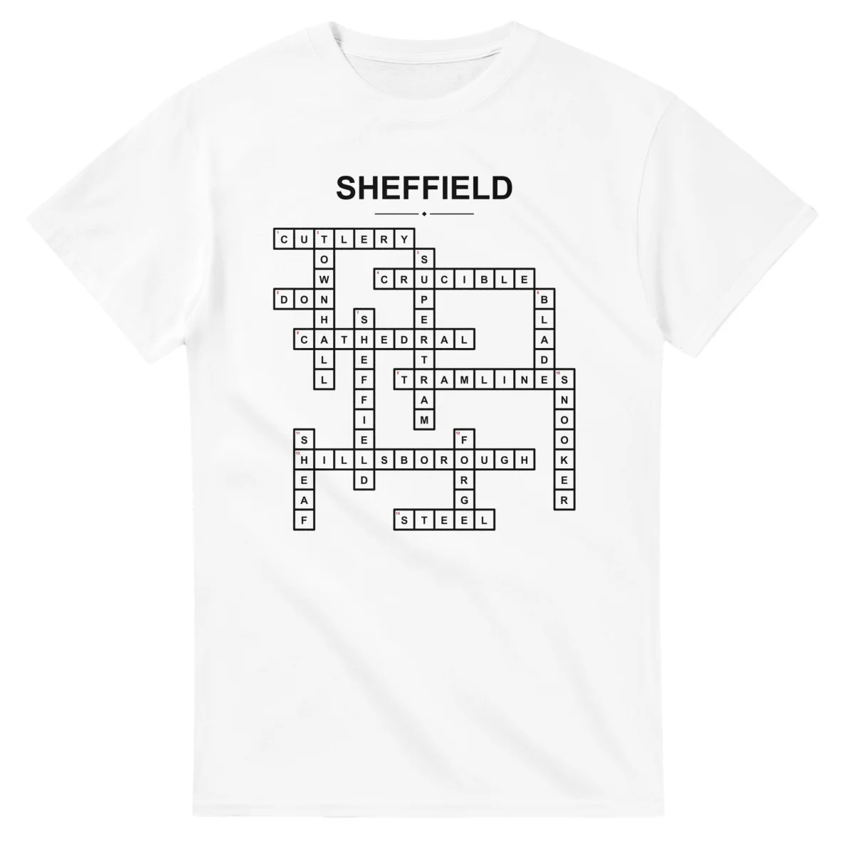 Monochrome crossword sheet for Sheffield, with a large place-name heading, a letter grid, and numbered across and down clues.