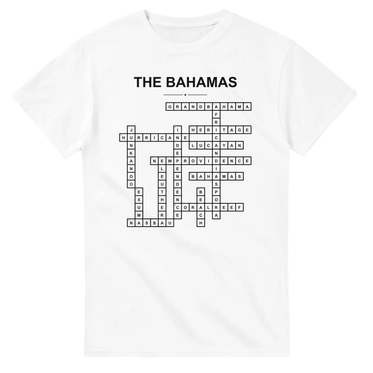 Monochrome crossword sheet for The Bahamas, with a large place-name heading, a letter grid, and numbered across and down clues.