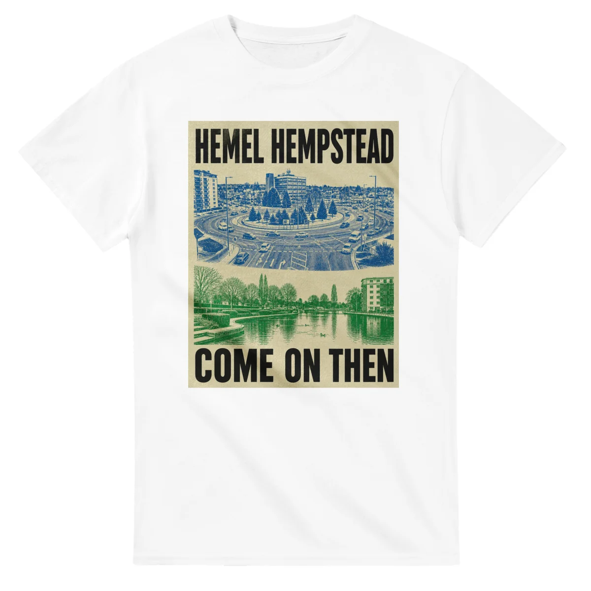 Two-colour scenic illustration for Hemel Hempstead, with the place name and COME ON THEN lettering.