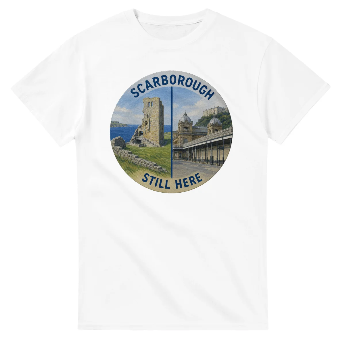 Painted, panelled scenic illustration for Scarborough, with paired local scenes and the place name in lettering.