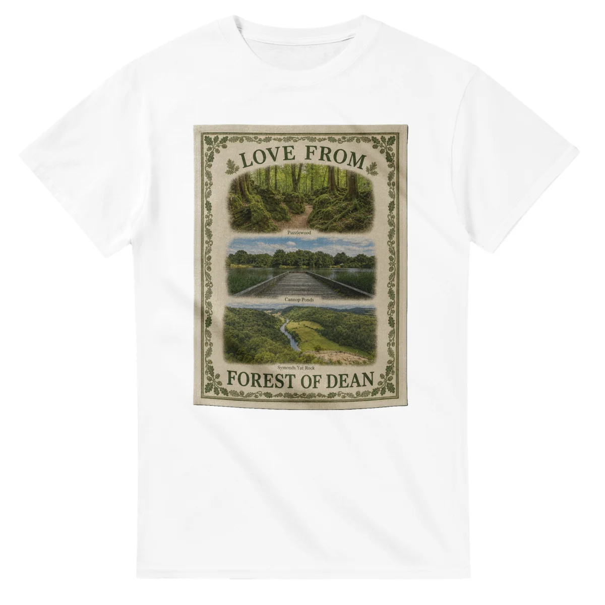 Framed scenic design for Forest of Dean, with several local views, a decorative border and LOVE FROM lettering.