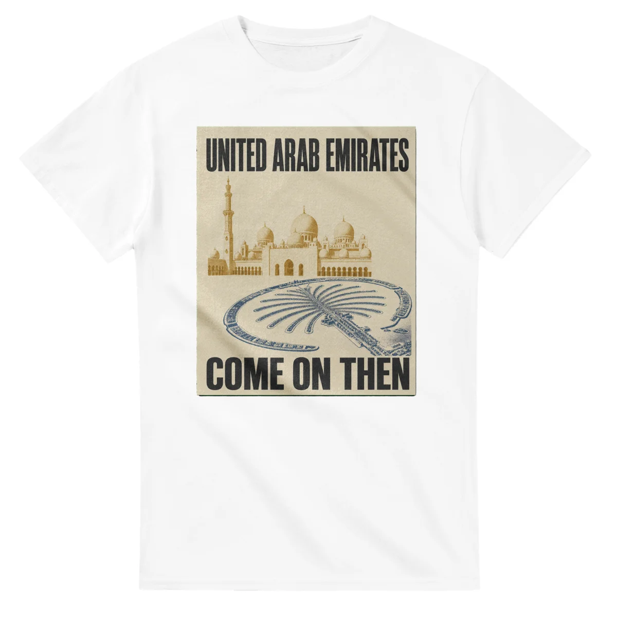 Two-colour scenic illustration for United Arab Emirates, with the place name and COME ON THEN lettering.
