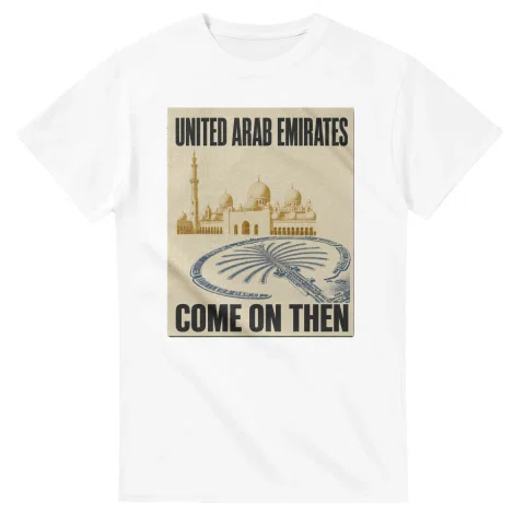 Two-colour scenic illustration for United Arab Emirates, with the place name and COME ON THEN lettering.
