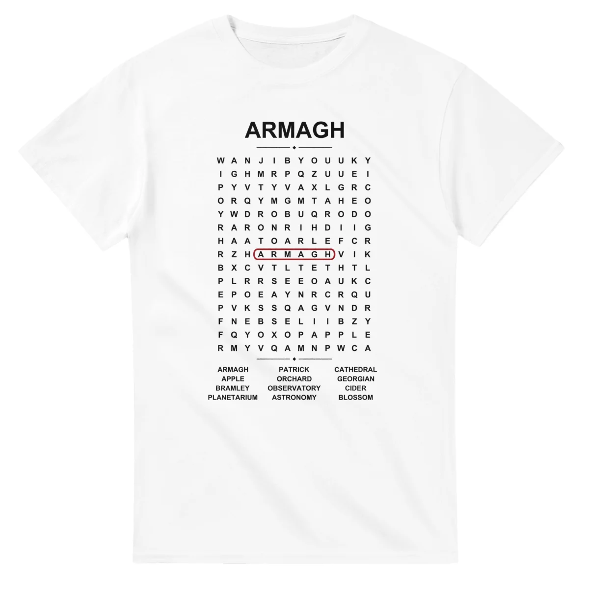 Word-search sheet for Armagh, with a large place-name heading, a letter grid, a local answer list, and a red highlighted example word.