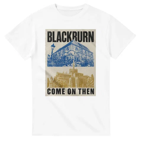 Two-colour scenic illustration for Blackburn, with the place name and COME ON THEN lettering.