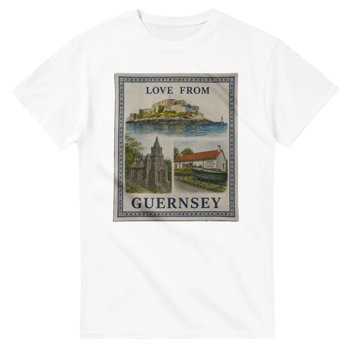 Framed scenic design for Guernsey, with several local views, a decorative border and LOVE FROM lettering.