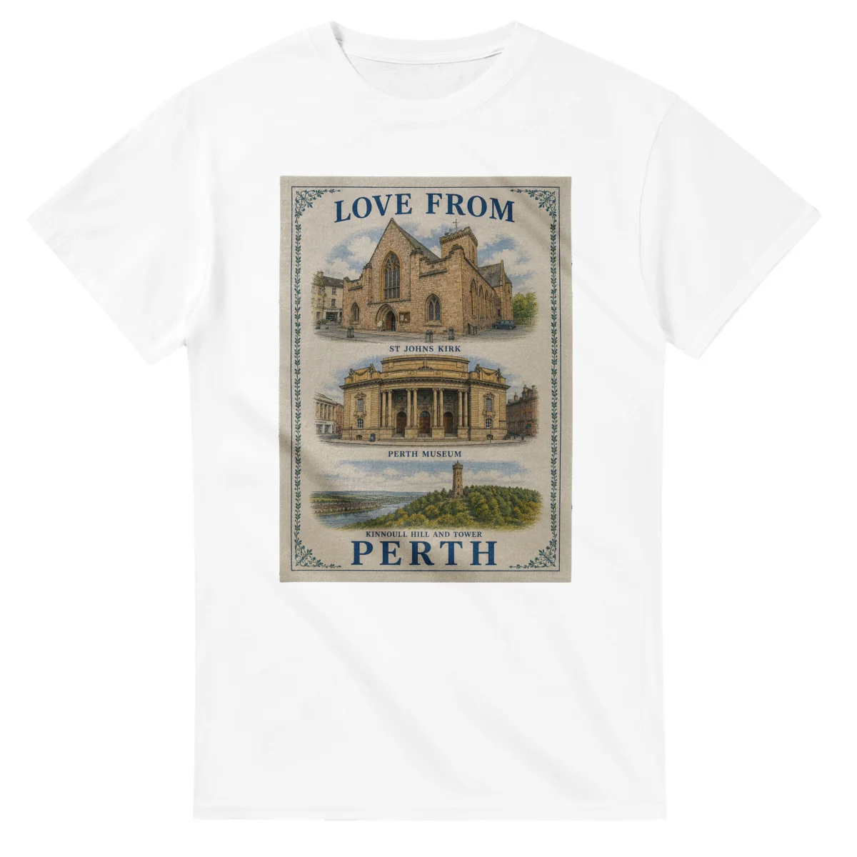 Framed scenic design for Perth, with several local views, a decorative border and LOVE FROM lettering.