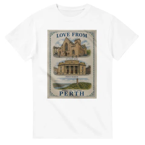 Framed scenic design for Perth, with several local views, a decorative border and LOVE FROM lettering.