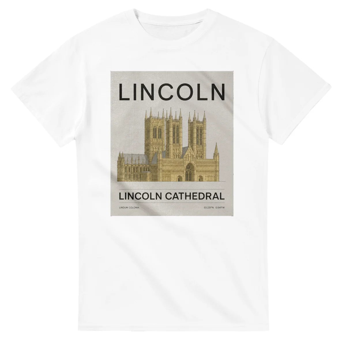 Fine-line engraving-style drawing for Lincoln, with a landmark caption and small coordinate text.
