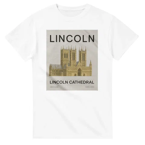 Fine-line engraving-style drawing for Lincoln, with a landmark caption and small coordinate text.