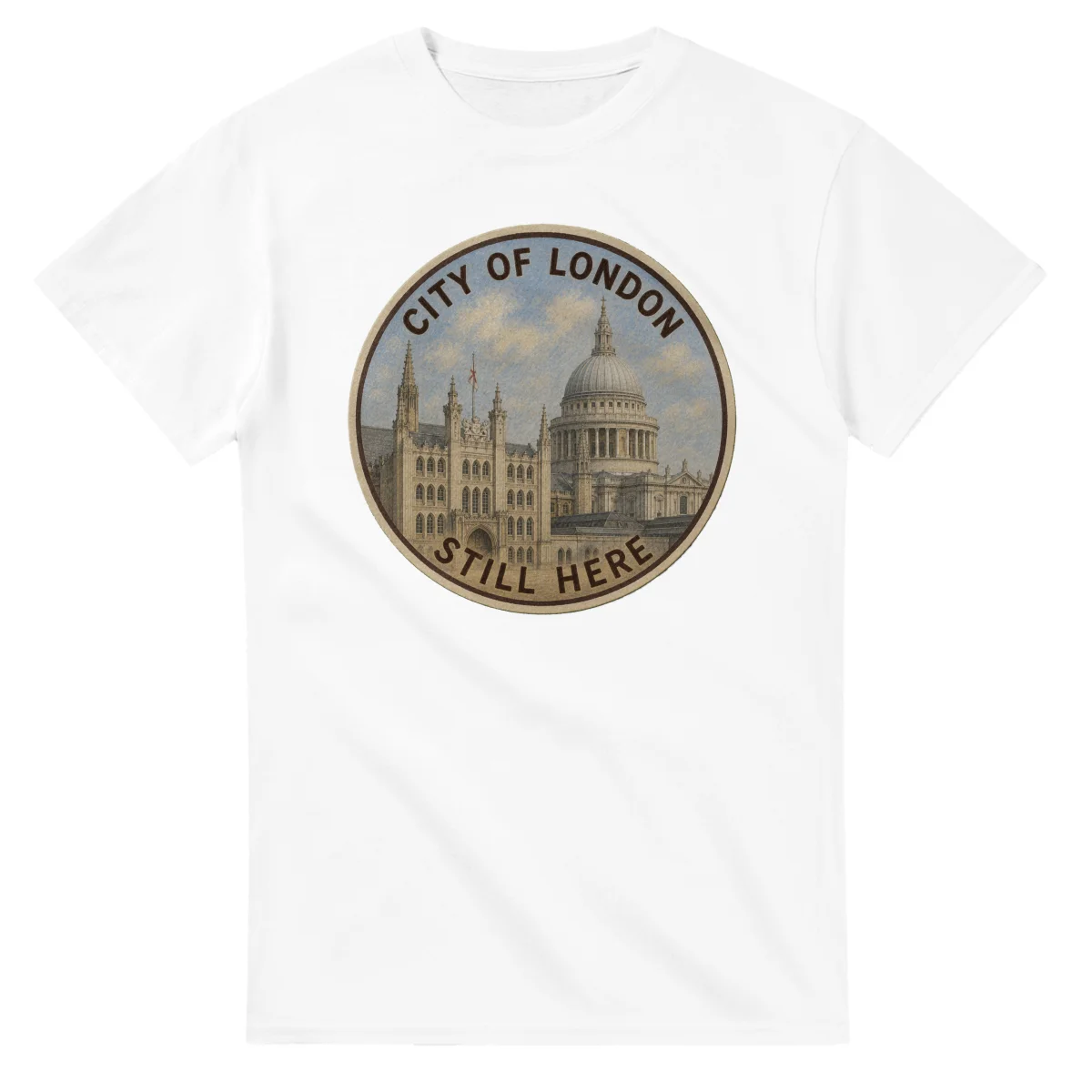 Painted, panelled scenic illustration for City of London, with paired local scenes and the place name in lettering.