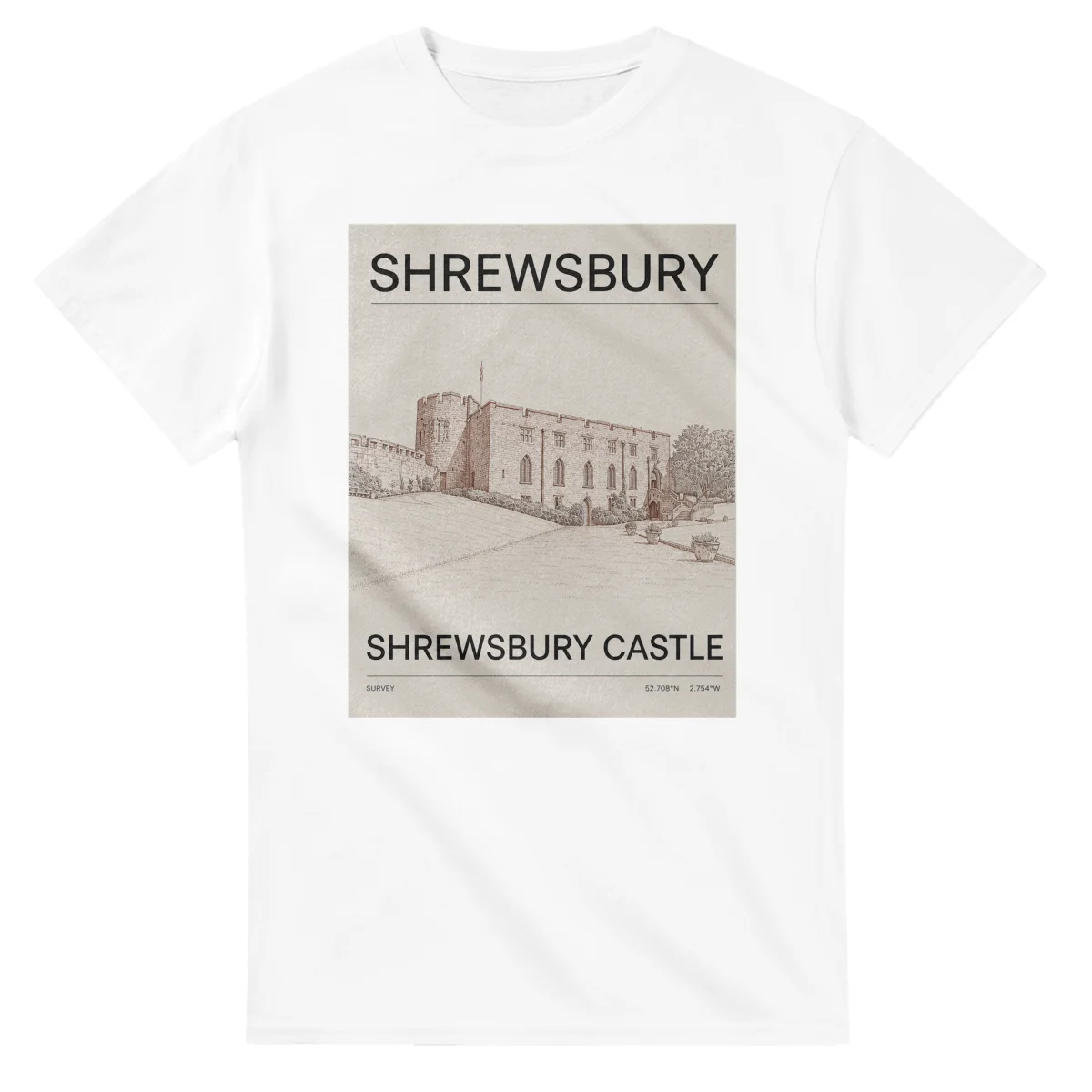 Fine-line engraving-style drawing for Shrewsbury, with a landmark caption and small coordinate text.