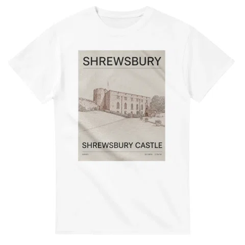 Fine-line engraving-style drawing for Shrewsbury, with a landmark caption and small coordinate text.