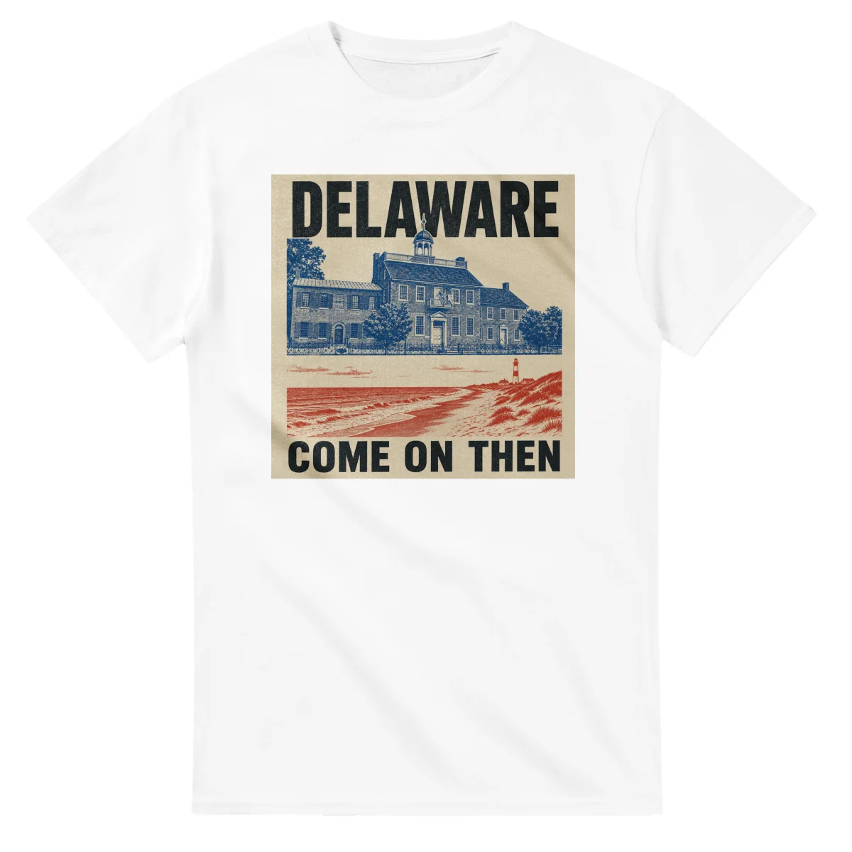 Two-colour scenic illustration for Delaware, with the place name and COME ON THEN lettering.
