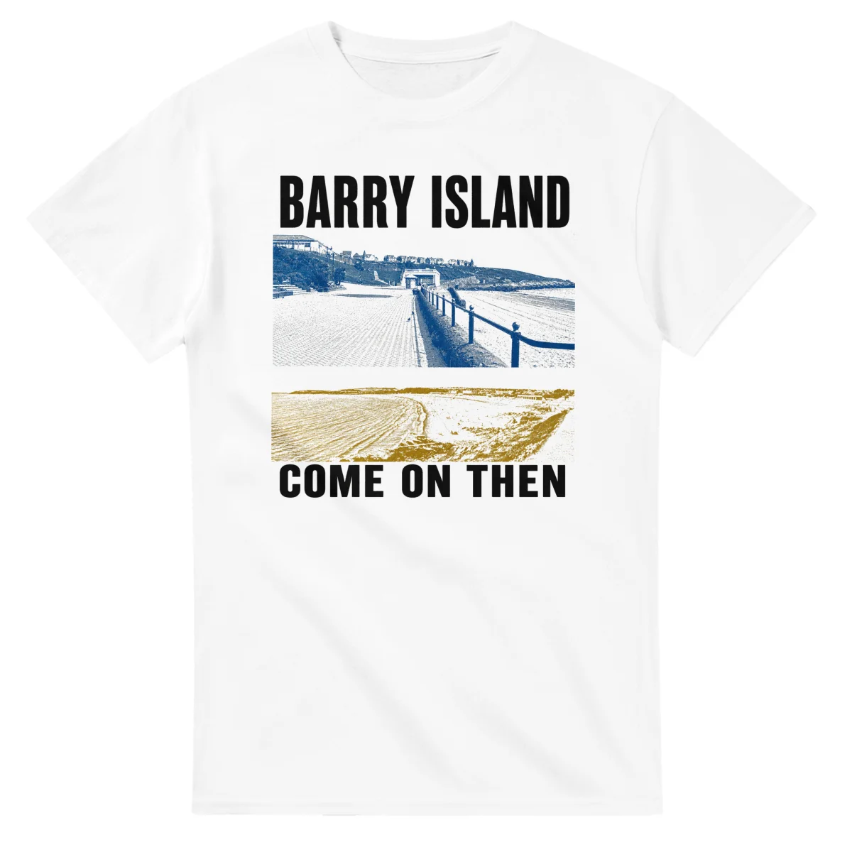 Two-colour scenic illustration for Barry Island, with the place name and COME ON THEN lettering.